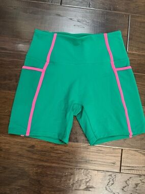 Beach Riot Teal Green Bike Shorts with Pink Piping. NWOT